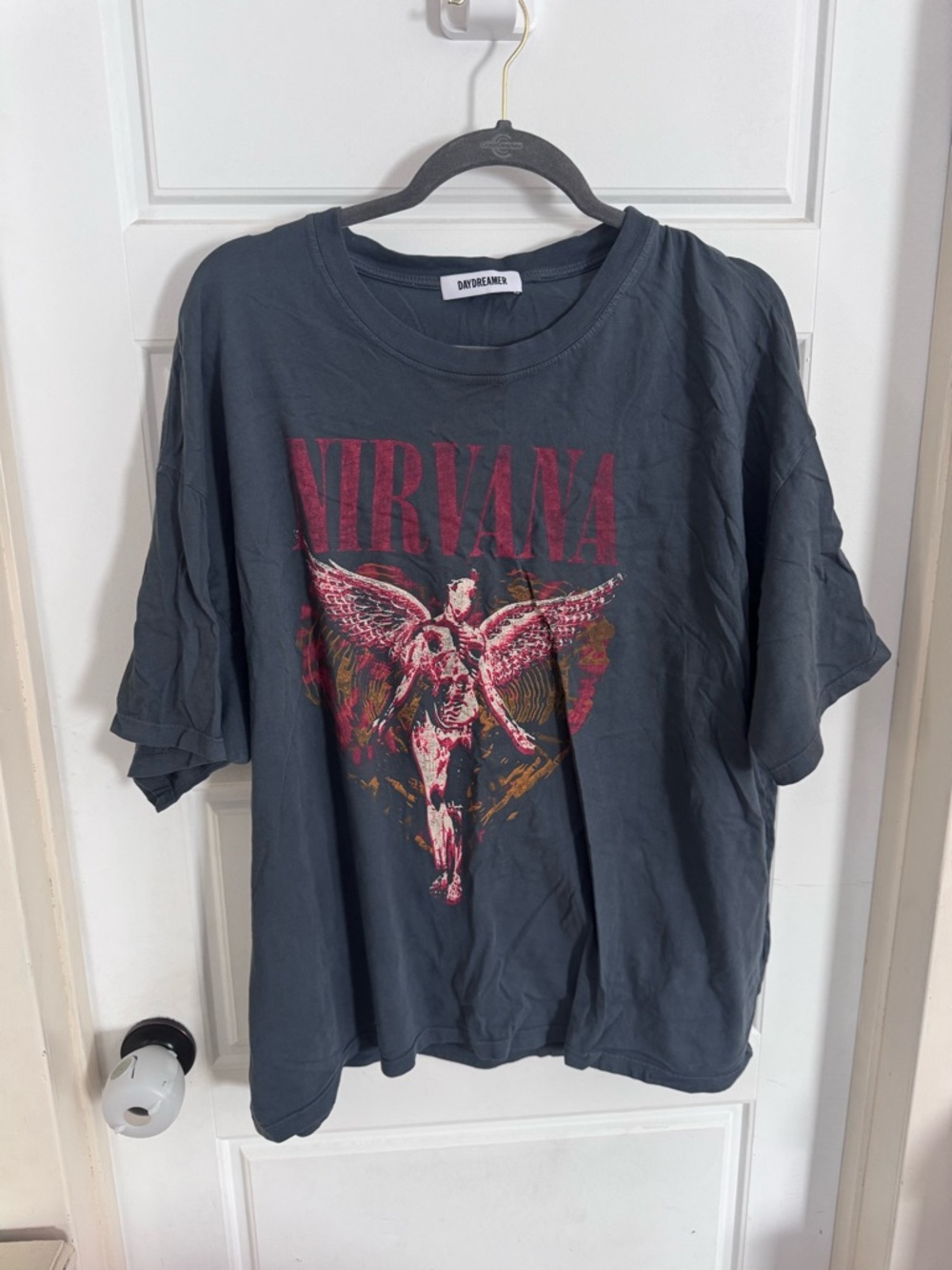 NIRVANA Charcoal Tee with Red Angel Graphic